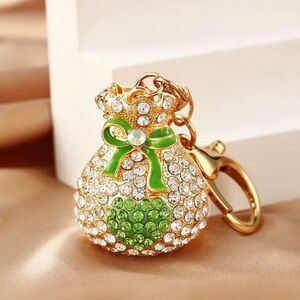 Green Rhinestone Money Bag Keychain Purse Charm Lucky Clover Gold Tone